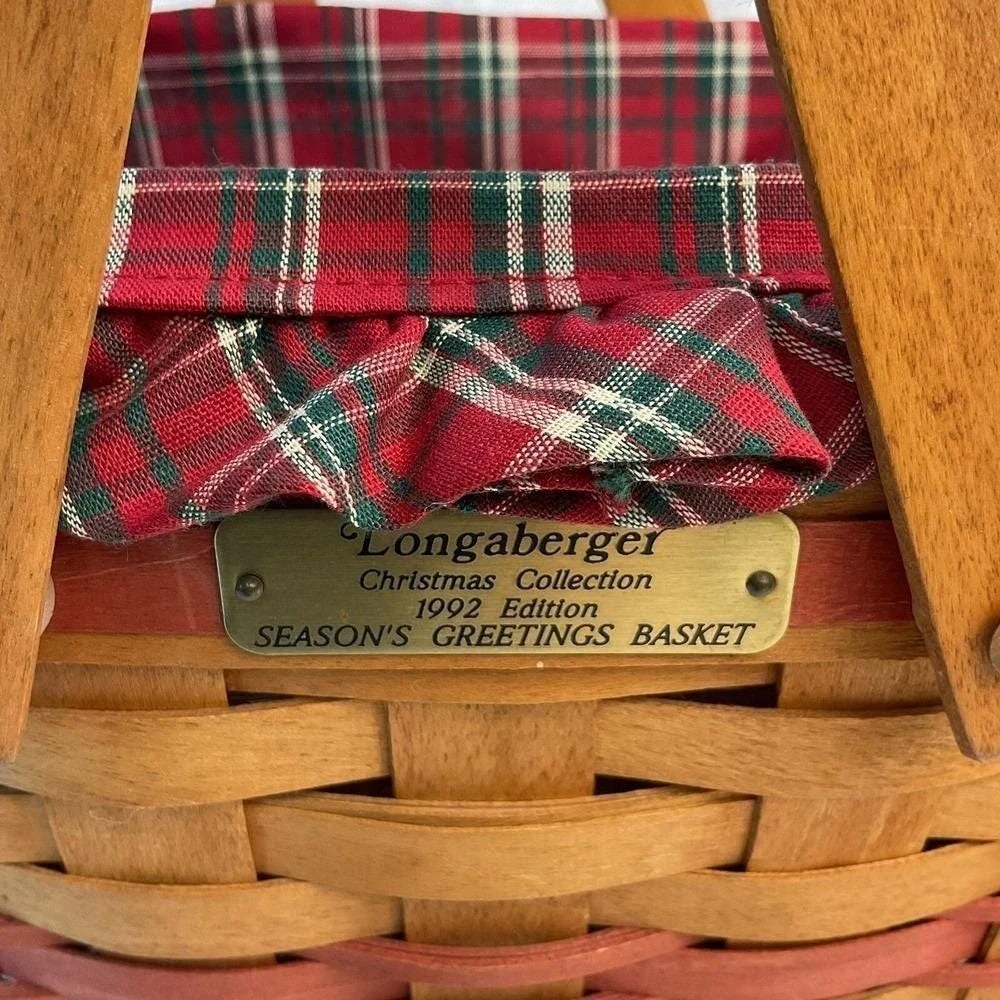 Longaberger VTG 1992 Season's Greetings Basket Set‎ Lined Red Plaid Tidings Deep